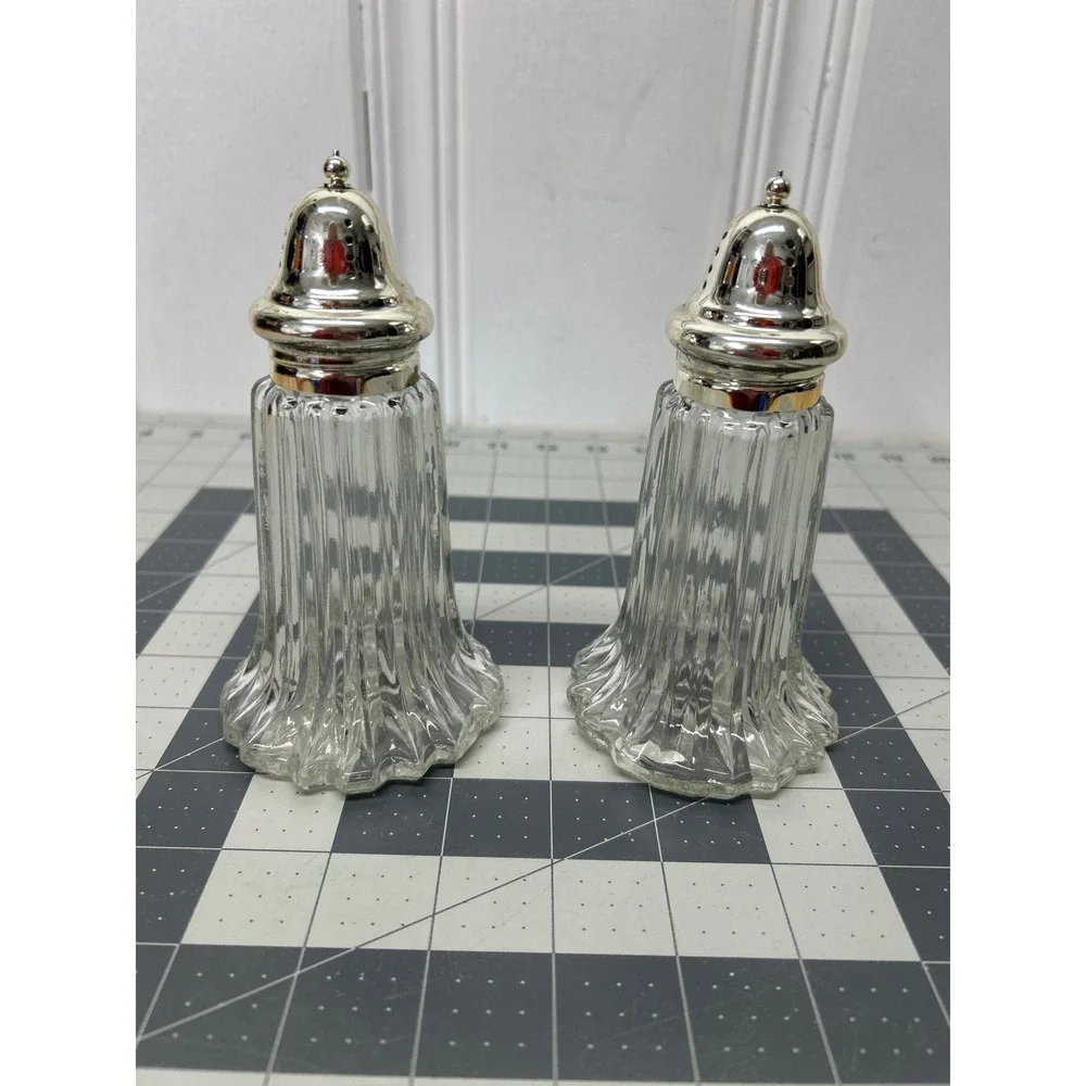 Vintage Leonard Crystal Salt and Pepper Shakers Japan Silver Plated Top Set